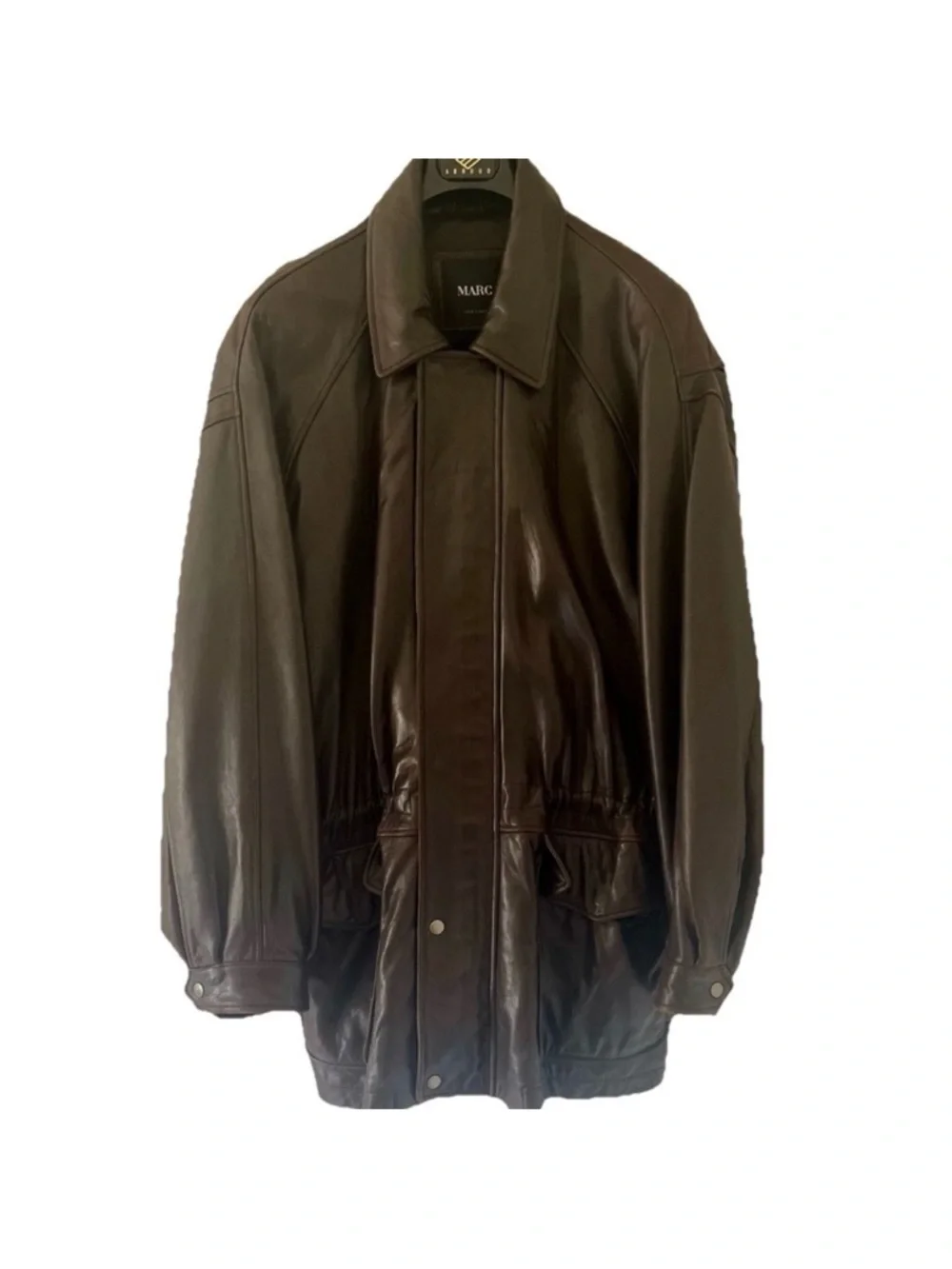 MARC Brown Lambskin Leather Mens Quilted Drawstring Waist Jacket - Size L